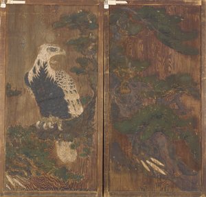 Pair of Doors with Eagle on a Pinetree on One Side; Deer and Cherry-Blossoms on the Other by Unknown artist