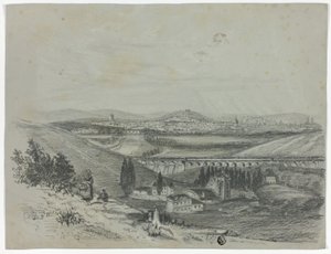 Panoramic View of a Railroad Bridge and City by Unknown artist