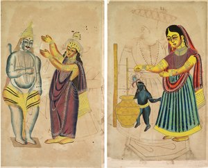 Parvati Placing a Wedding Garland on Shiva (recto); Yasoda Churning Butter (verso) by Unknown artist