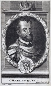 Portrait of Charles V, King of Spain and Spanish America, King of Sicily and Emperor of the Holy Roman Empire Germanic. Engraving to illustrate History of the War of Flanders, by Flamianus Strada, edition Joseph T