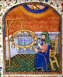 Portrait of Pythagoras (ca. 570 - around 480 BC), Greek mathematician and philosopher, playing a percussion instrument (bells), miniature of the 15th century.