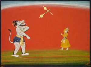 Pradyumna and Samvara Fight with Maces: Leaf from the "Large Basohli Bhagavata Purana" by Unknown artist