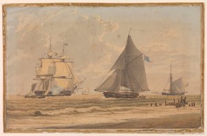Royal Navy sailing vessel by the shore, early 19th century by Unknown artist