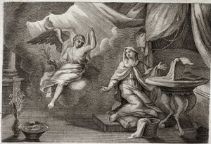 Royaumont Bible, New Testament: Annunciation of the Virgin. Archangel Gabriel has come to deliver a message to Mary. Illustration from 1811. by Unknown artist