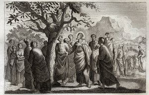 Royaumont Bible, New Testament: Conversion of Zacchaeus. Jesus Christ speaking with Zacchaeus perched on the sycamore. Illustration from 1811. by Unknown artist