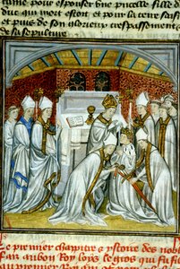 Sacre of Louis VI (1108) - Illumination of manuscript on velin of the Middle Ages “Great Chronicles of Saint-Denis” late 14th century