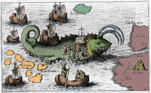 Saint Brendan (Brandan), hero and Irish saint of the 6th century, celebrating Mass on the back of the Giant Whale Jasconius. Legend says that his boat was carried on the back of a whale. Colourful engraving 17th century