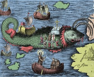 Saint Brendan (Brandan), hero and Irish saint of the 6th century, represents celebrating Mass on the back of the Giant Whale Jasconius. Legend says that his boat was carried on the back of a whale. Coloured engraving from Nova Tipus Transacto Navigatio by Unknown artist
