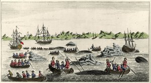 Scene of whale fishing in Greenland in the 18th century, anonymous popular print of the period