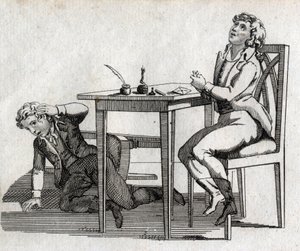 Schoolers have a table with inkcrib. Engraving late 18th century. Private collection.