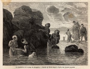 Small fishing activities on a beach in Sinagawa, children splash in the water and catch crabs and small fish. Engraving to illustrate the voyage to Japan, in 1863-1864, by Aime Humbert, minister of the Swiss Confederation, in 