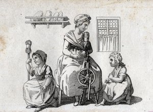 Spinning: mother and her daughters spinning wool. End engraving of the 18th century. Private collection.