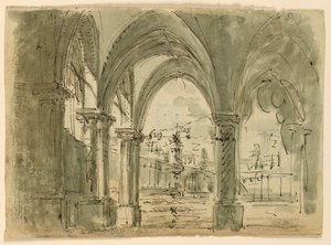 Stage Design, Portico with Buildings by Unknown artist