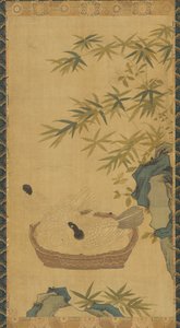 Tapestry: Doves Bathing in a Bowl; Rocks and Bamboos by Unknown artist