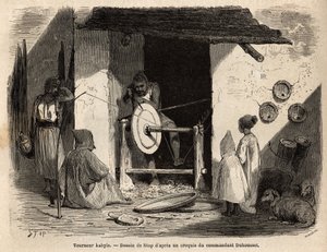 The Artisan Turner Kabyle in his workshop makes a huge wooden flat that is used for all purposes, domestic and agricultural, in Kabylia (Algeria). Engraving to illustrate the excursion to the great Kabylie, between the Mediterranean and the Djurjura, in 18