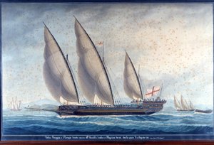 The Genoa galleys Raggia and San Giorgio pursue the Algerian chebec Uccello. 11 August 1788 by Unknown artist