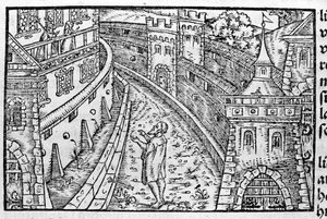 The Germanic Emperor Henry IV in Canossa. At the top left are the Countess Mathilde of Canossa and Pope Gregoire VII who had taken refuge in the castle. According to Johann Stum