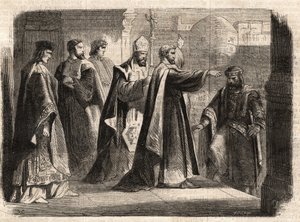 The archbishop Saint Ambrose of Milan prohibited the entrance of the church to Roman emperor Theodosius I to punish him for the massacre of Thessalonica in 390 by Unknown artist