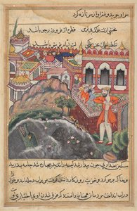 The bag of gold which he received for the slave girl being stolen in a mosque, the young man of Baghdad tears his cloths and is about to fling himself into the Tigris, from a Tuti-nama (Tales of a Parrot): Forty-eighth Night by Unknown artist