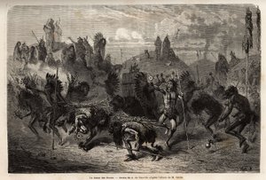 The Bison Dance Performed by the Warriors in the Mandan Indians. Engraving to Illustrate an Excursion Among the Indian Tribes of the Basins of Columbia and Upper Missouri, by G. Catlin, in 1855, Published in Le Tour du Monde, Nouveau Journal des Voyages by Unknown artist