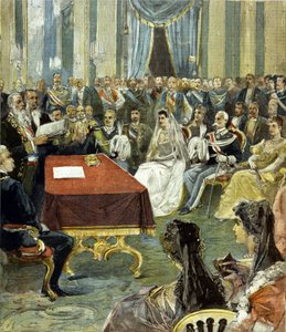 The civil marriage of the Prince of Naples with Princess Helene of Montenegro at the Quirinal Palace in 1896. Humbert I on the left of the bride