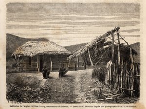 The dwelling and shipyard of an English builder near Noumea, who uses indigenous labour or condemns them until the end of their time of hard work. Engraving to illustrate the voyage to New Caledonia, by Jules Garnier, civil engineer of mines, in 18