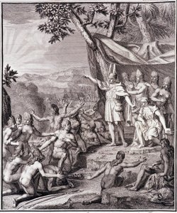 The first Inca Manco Capac and Queen Coya Mama Oello Huaco his wife both children of the Sun gather the savages - in Historical Journey of South America done by order of the King of Spain by Don Georges Juan & Don Antoine de Ulloa, T.II, ed. Jombert