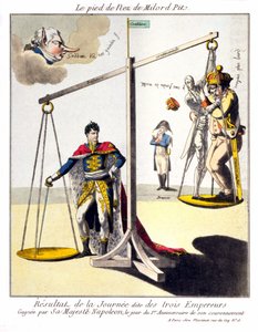 The foot of the Nose of Milord Pit - The result of the so-called Day of the Three Emperors - Won by His Majesty Napoleon, on the day of the 1st Anniversary of his coronation. Cartoon about Napoleon I and the 3rd coalition by Unknown artist