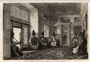 The living room of a rich Tatar house in Schusha (Transcaucasia, Russia), where men gather, sitting on carpets to smoke the pipe and chat. Engraving to illustrate the voyage in the provinces of the Caucasus, by Basile Vereschaguine, in 1864-1865, published