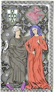 The magician Merlin the Enchanter meets the fairy Viviane in the forest of Broceliande. Representation of an enamel manuscript of Limoges from the beginning of the 15th century. 19th century by Unknown artist