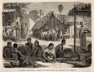 The market in Phnom Penh, where Malaysian shopkeepers and Chinese traders offer a wide range of consumer and manufacturing products. Engraving to illustrate the voyage of exploration in Indochina, by Francis Garnier, lieutenant de Vaissseau, in 1866-1868 by Unknown artist