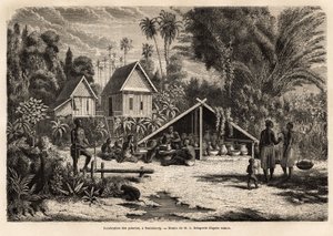 The production of pottery in Saniaboury (Laos). Engraving to illustrate the voyage of exploration in Indochina, by Francis Garnier, lieutenant de Vaissseau, in 1866-1868, published in “Le tour du monde” 1870-1871, edited by Edouard Charton