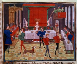 The wedding banquet at the wedding of Clarisse, daughter of King Yvon of Gascony and Renaud. Miniature from the manuscript 