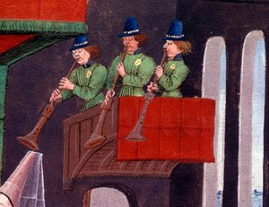 The wedding banquet of Clarisse, daughter of King Yvon of Gascony and Renaud (detail). Miniature from the manuscript 