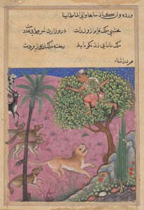 The wolf and the jackal, serving as viziers, instigate the lion who pursues the Brahman up a tree, from a Tuti-nama (Tales of a Parrot): Twenty-first Night by Unknown artist