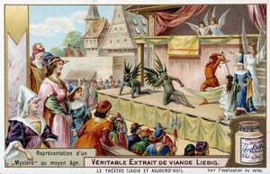 Theatre: representation of a mystery in the Middle Ages - Liebig chromolithography by Unknown artist