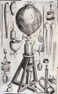 Tools for scientific experiments - in Nova experimenta physico-mechanica de vi aeris elastica, et ejusdem effectibus, facta maximam partem in nova machina pneumatica by Robert Boyle by Unknown artist