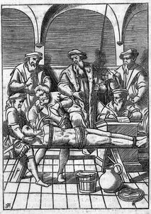 Torture in the Middle Ages: the question of water. Tied by strings, water is poured on a cloth that is pushed to the bottom of his throat. Engraving of the 18th century after an engraving of the Middle Ages