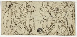 Two Decorative Groups of Putti with Trumpets and Fruit