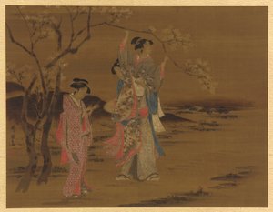 Two Girls and a Man Under a Cherry Tree by Unknown artist