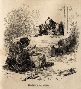 Two workers, each with a hammer and a punch, are carving metal pipes in their workshop. Engraving to illustrate the journey to Japan, by Aime Humbert, minister of the Swiss Confederation, in 1863-1864, published in 