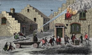 Use of a fire pump to extinguish a fire. 1733 engraving. by Unknown artist