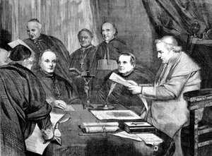 Vatican Council I. Pope Pius IX surrounded by members of the Board of Directors of the Council. 1869 by Unknown artist