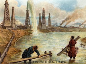 View of oil wells in Baku, Azerbaijan. Chromolithograph of about 1890