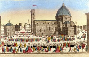 View of the Great Cathedral of Florence (Duomo Santa Maria del Fiore) Realized by Filippo Brunelleschi, on the Day of the Procession of the Holy God. 1790 Approx. by Unknown artist