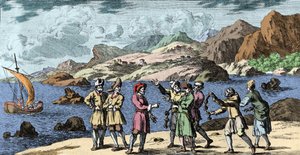 Witchcraft and beliefs: Finnish and Sami provoking a storm by the magic of three knots. Engraving from 