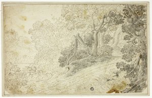 Wooded River Landscape with View of Castle by Unknown artist