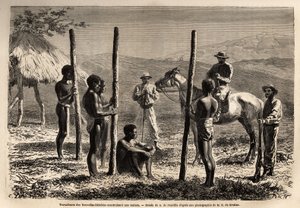 Workers from the New Hebrides (Republic of Vanuatu), Building a House. Engraving to Illustrate the Voyage to New Caledonia by Unknown artist