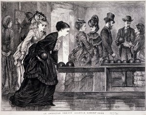 Young women playing bowling, in the United States, circa 1870 - engraving