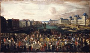The Pont-Neuf, seen from the entrance of Place Dauphine, the Quai Malaquais with the Collège des Quatre-Nations under construction, the Grande Galerie and the Louvre, circa 1665. Passage of a Procession on the Bridge, between 1665 and 1669 by Unknown artist
